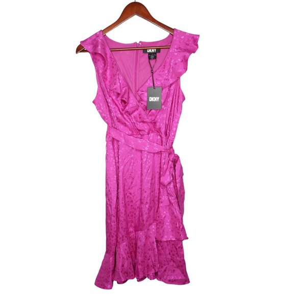 NWT DKNY Magenta Pink Faux Wrap Ruffle Midi Dress S M Sleeveless Tie Waist - Picture 6 of 10